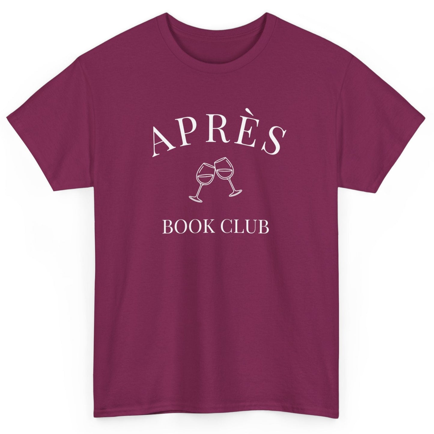 Maroon t-shirt with 'APRÈS BOOK CLUB' text and sunglasses graphic on a white background
