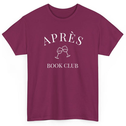 Maroon t-shirt with 'APRÈS BOOK CLUB' text and sunglasses graphic on a white background