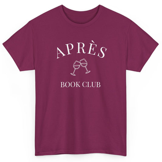 Maroon t-shirt with 'APRÈS BOOK CLUB' text and sunglasses graphic on a white background