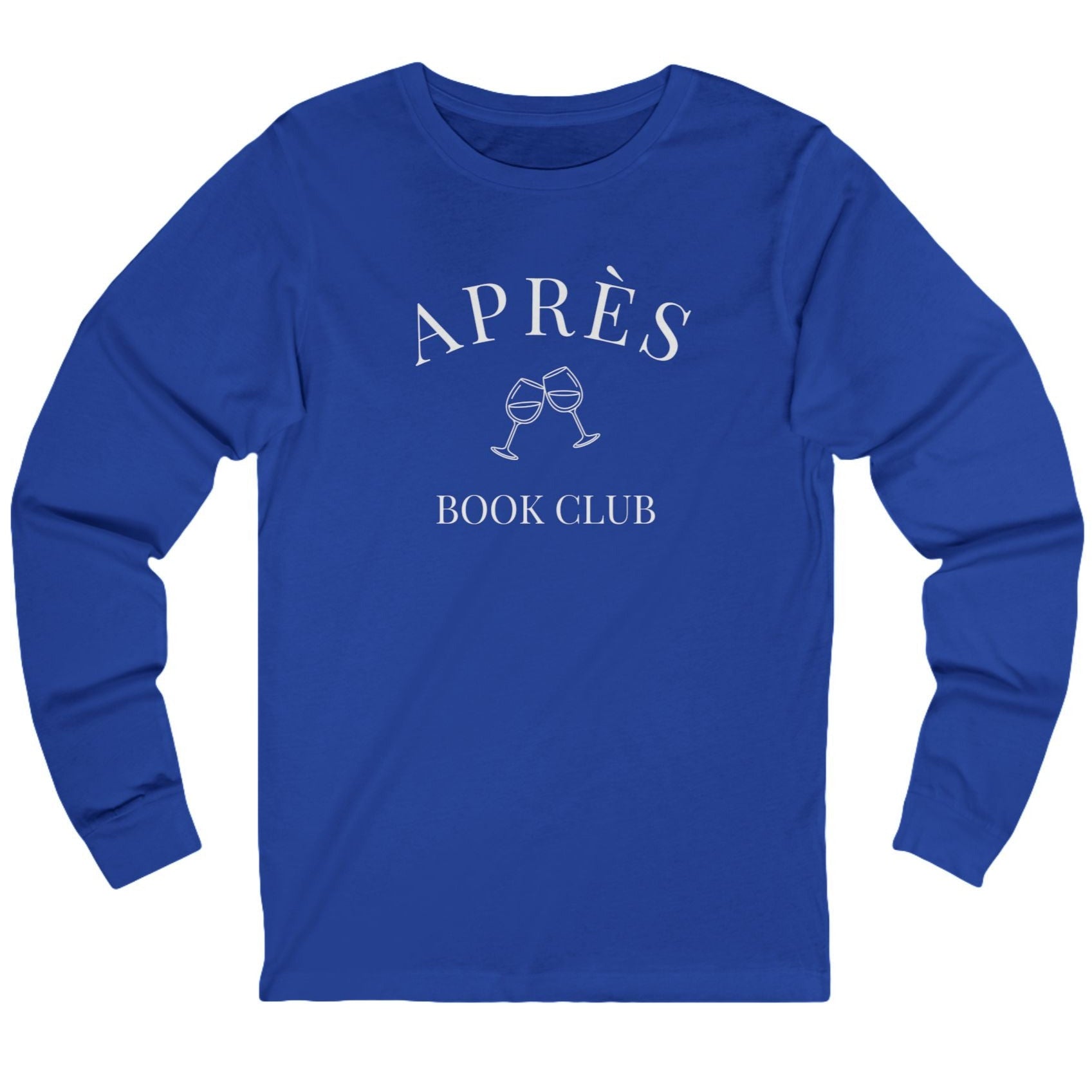 Blue long-sleeve shirt with 'Apres Book Club' text on a white background
