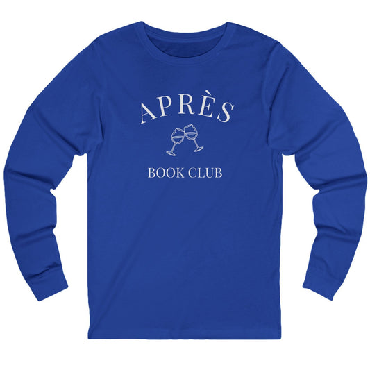 Blue long-sleeve shirt with 'Apres Book Club' text on a white background