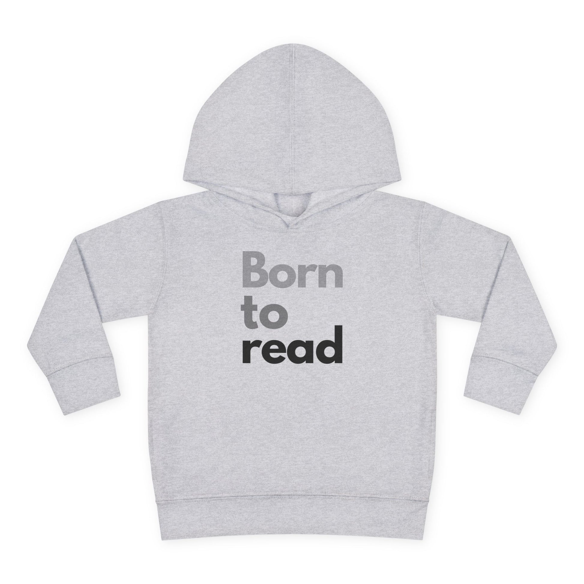 Gray hoodie with 'Born to read' text on a white background