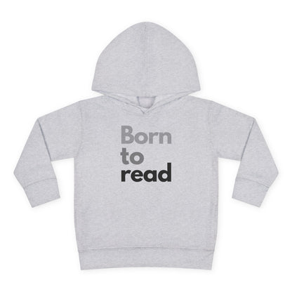 Gray hoodie with 'Born to read' text on a white background