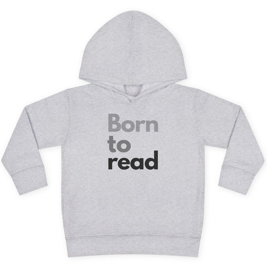 Gray hoodie with 'Born to read' text on a white background