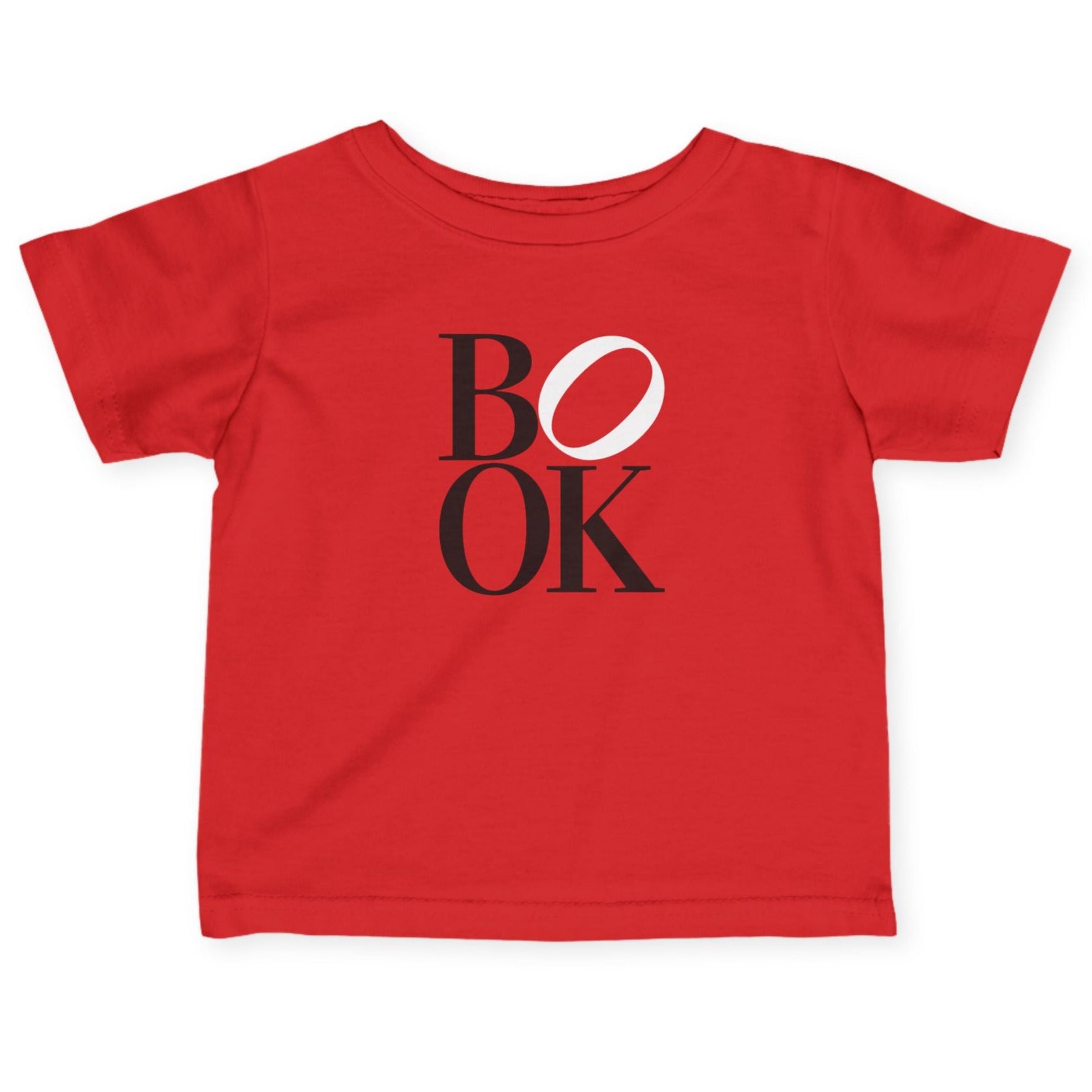 Red t-shirt with 'BOOK' printed on it against a white background