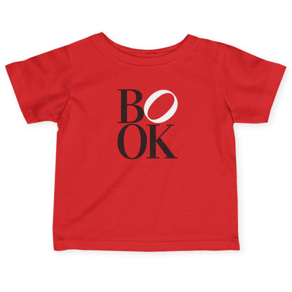 Red t-shirt with 'BOOK' printed on it against a white background