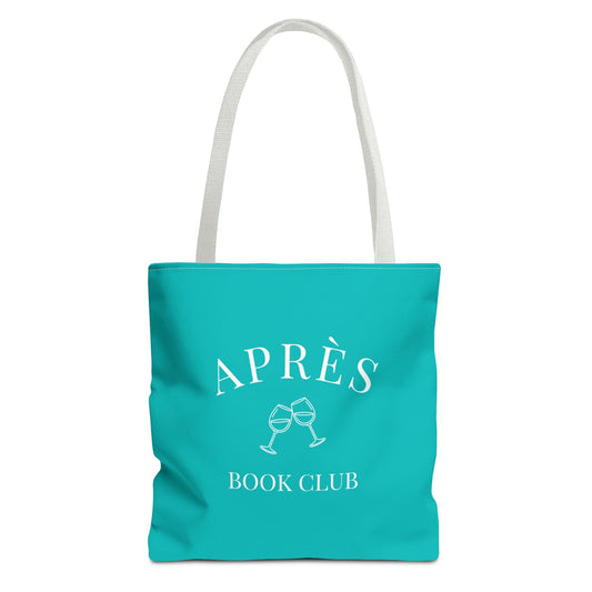 Turquoise tote bag with 'APRÈS BOOK CLUB' text and graphics on a white background