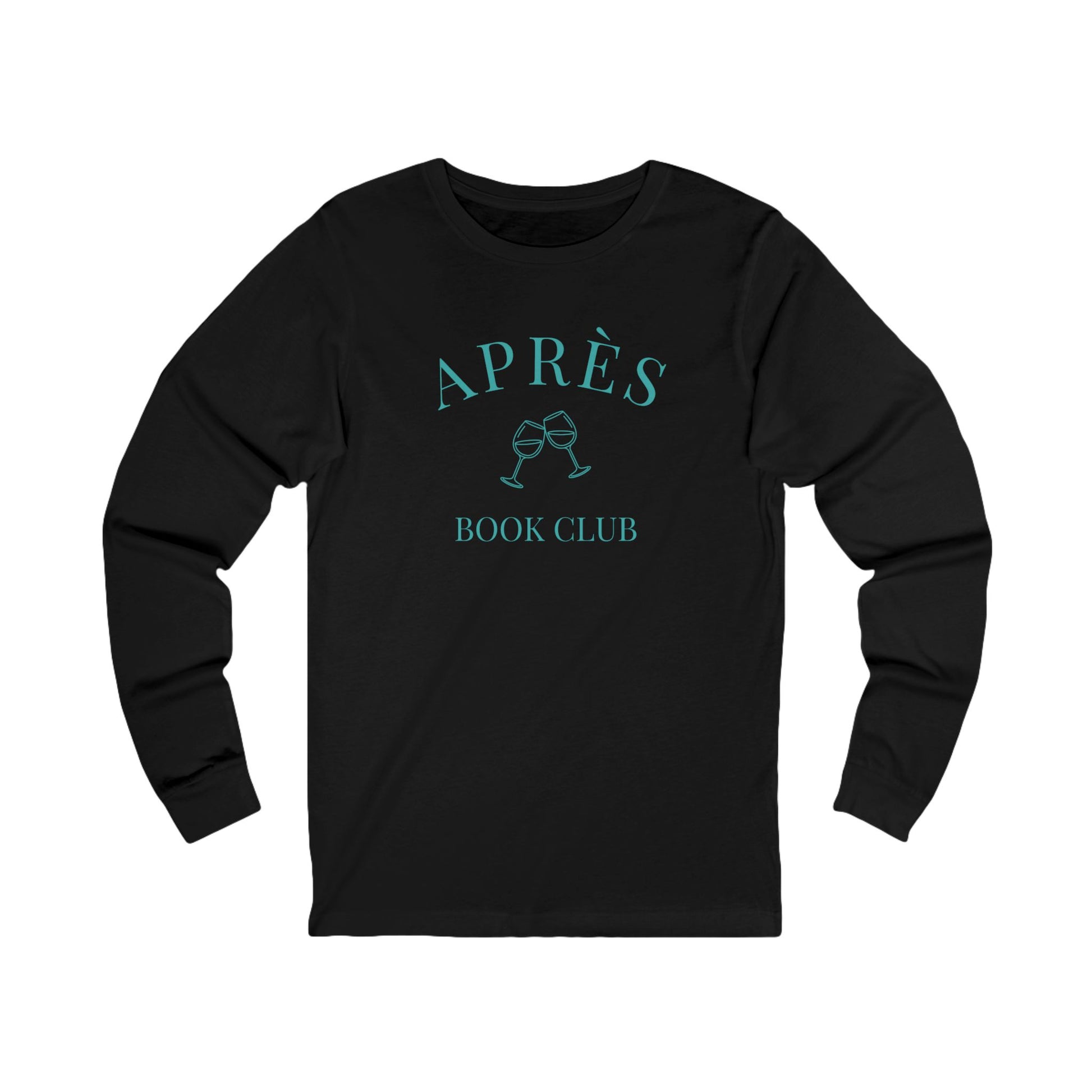 Black long-sleeve shirt with 'APRèS BOOK CLUB' text and wine glass graphics on a white background