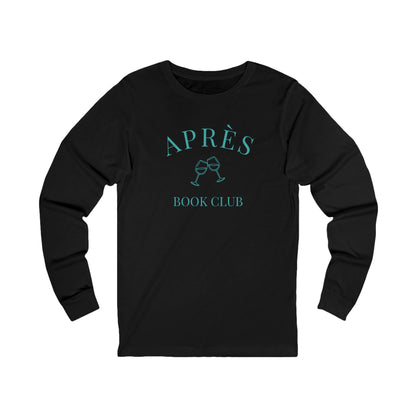 Black long-sleeve shirt with 'APRèS BOOK CLUB' text and wine glass graphics on a white background