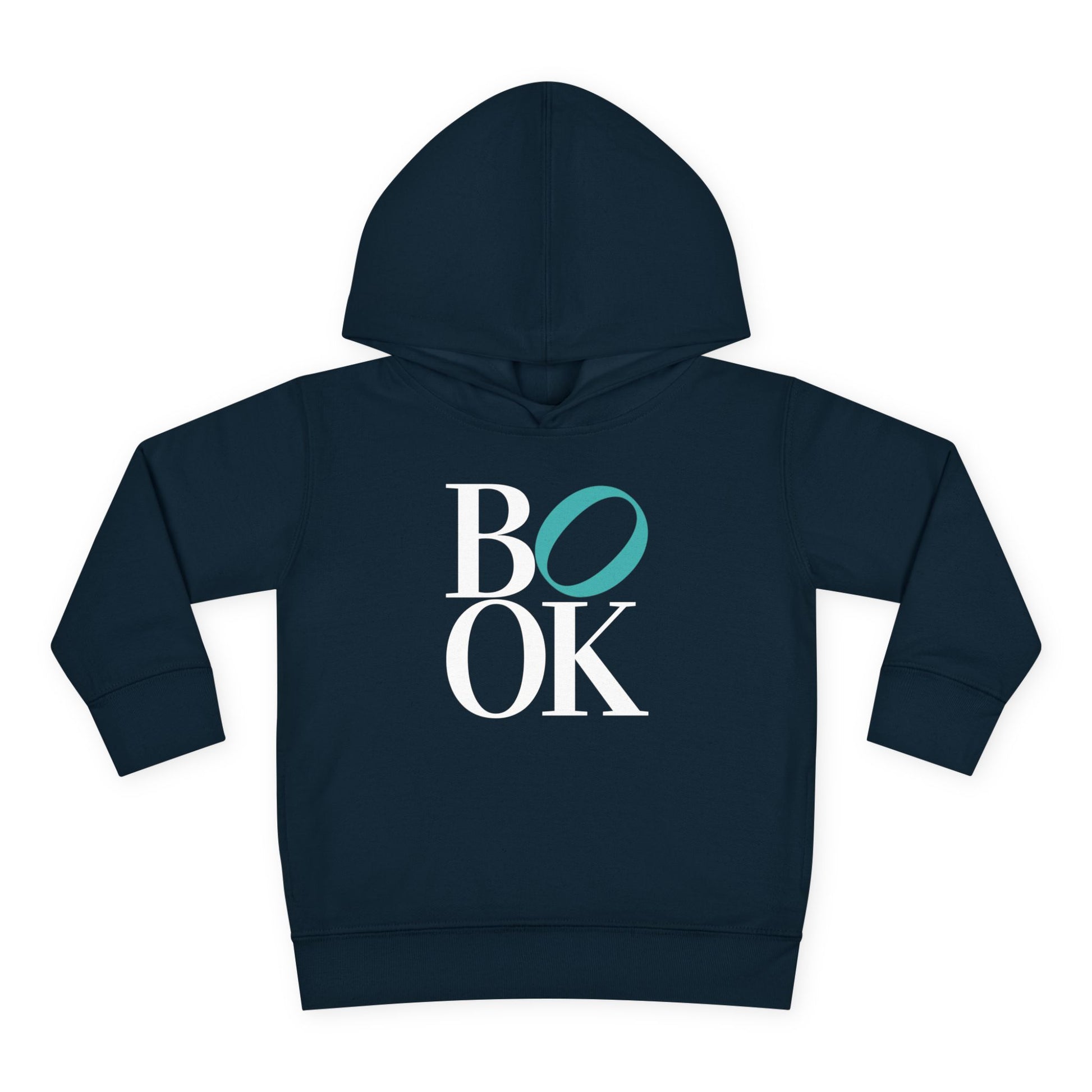 Navy blue hoodie with 'BOOK' text on a white background
