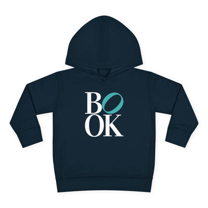 Navy blue hoodie with 'BOOK' text on a white background