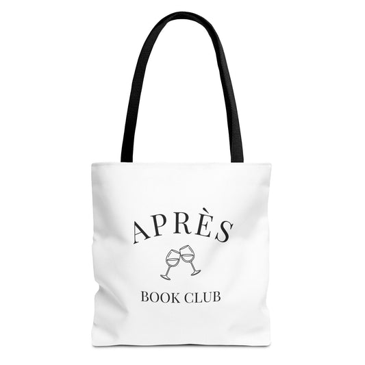 White tote bag with 'APRèS BOOK CLUB' text and wine glass icons on a white background