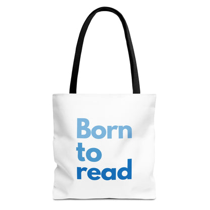 White tote bag with 'Born to read' text in blue on a white background