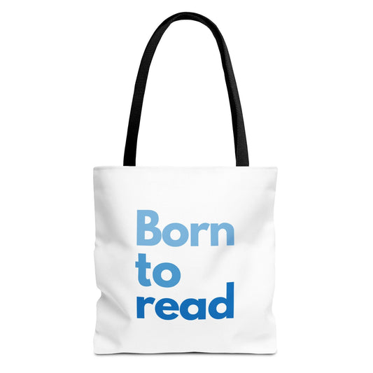 White tote bag with 'Born to read' text in blue on a white background
