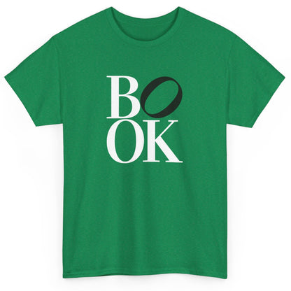 Green t-shirt with 'BOOK' printed on it against a white background