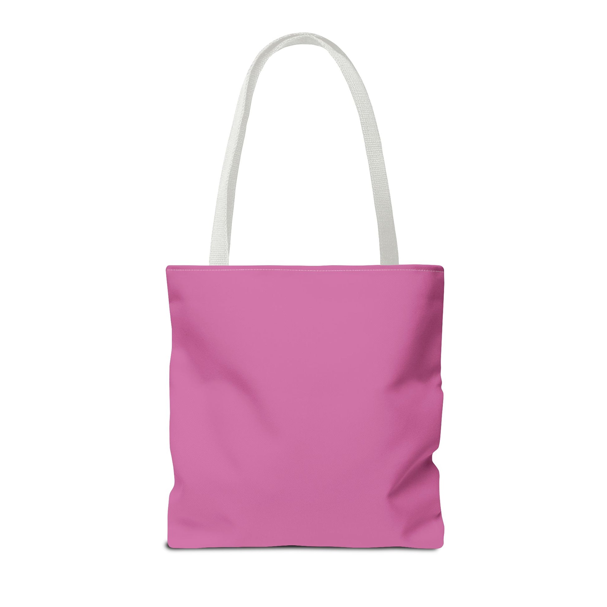 Pink tote bag with white handles on a white background