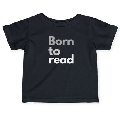 Black t-shirt with 'Born to read' text on a white background