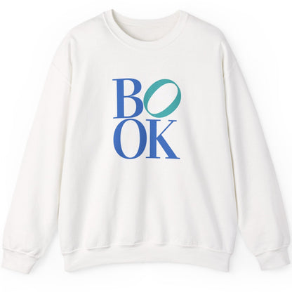 White sweatshirt with 'BOOK' printed in blue and green on a white background