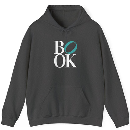 Dark gray hoodie with 'BOOK' text on a white background