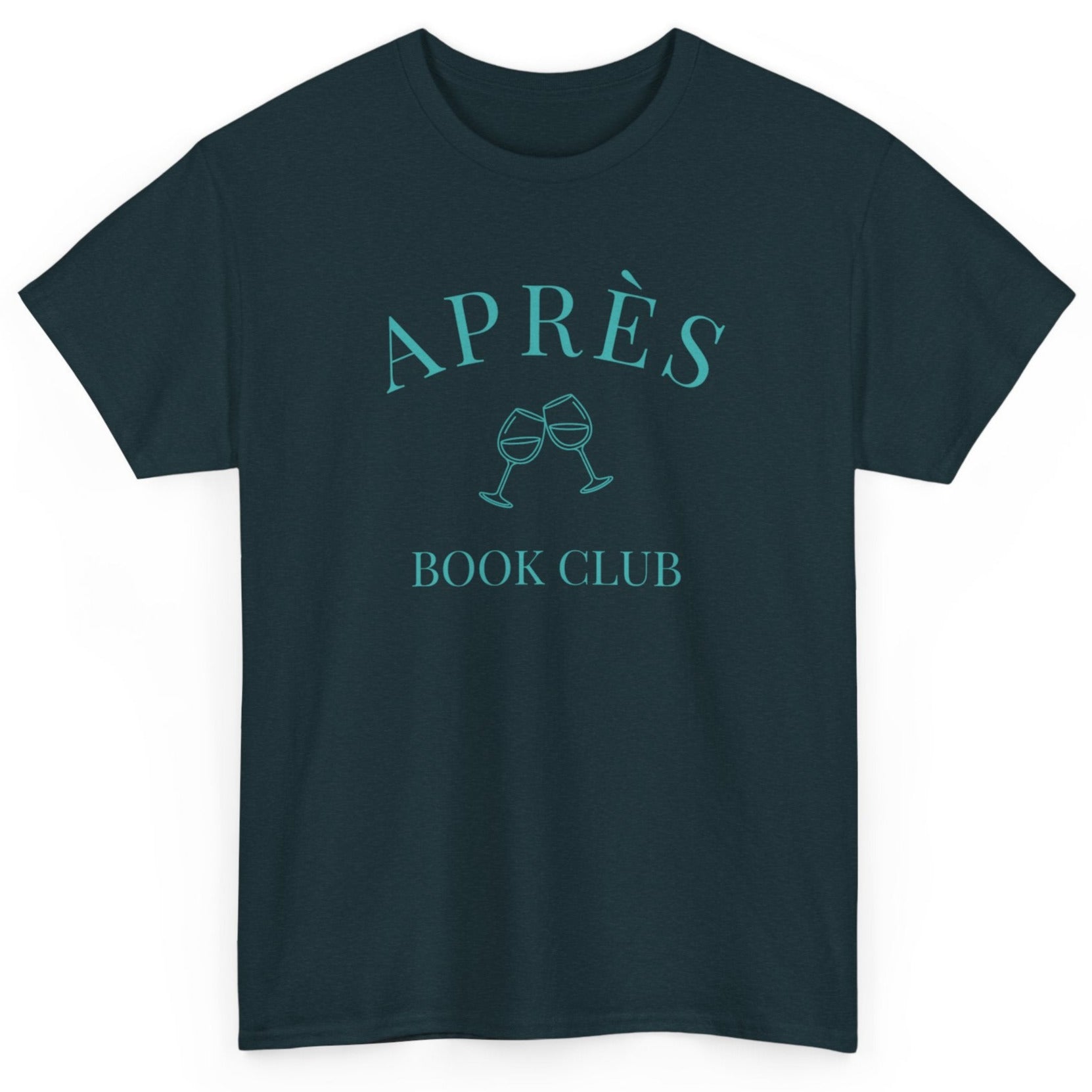 Navy blue t-shirt with 'APRÈS BOOK CLUB' text and graphics on a white background