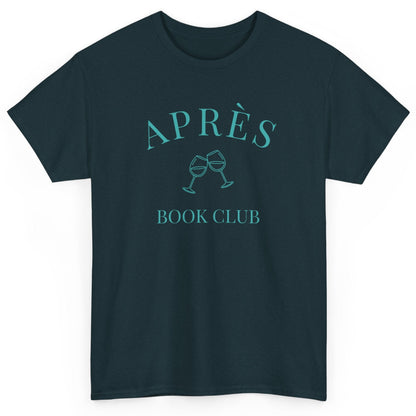 Navy blue t-shirt with 'APRÈS BOOK CLUB' text and graphics on a white background