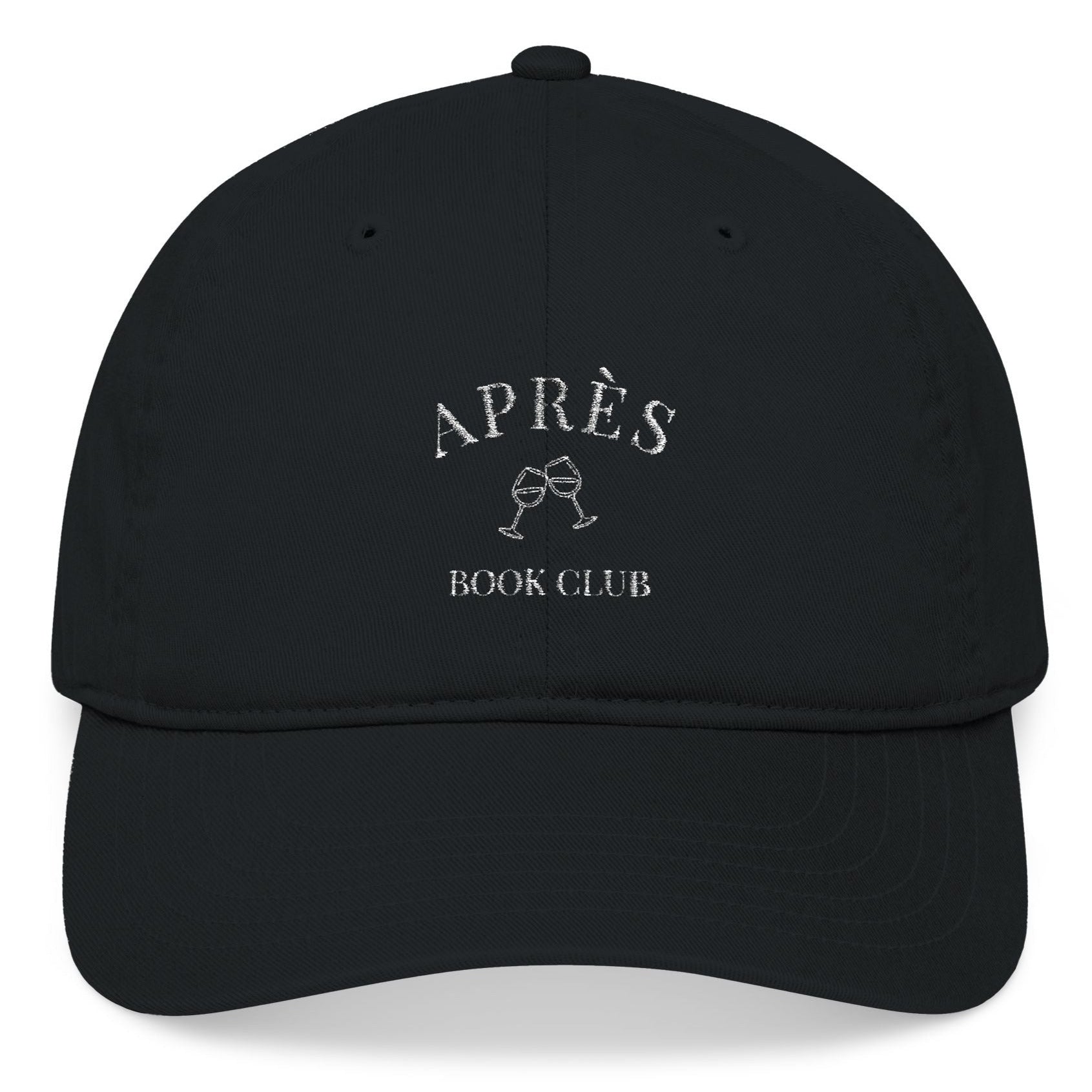 Black cap with 'APRèS BOOK CLUB' text and logo on a white background