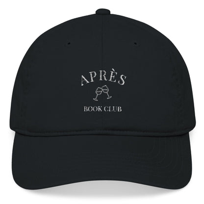 Black cap with 'APRèS BOOK CLUB' text and logo on a white background