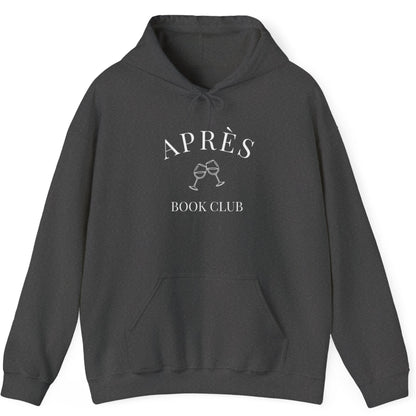 Dark gray hoodie with 'Apres Book Club' text and graphic on a white background