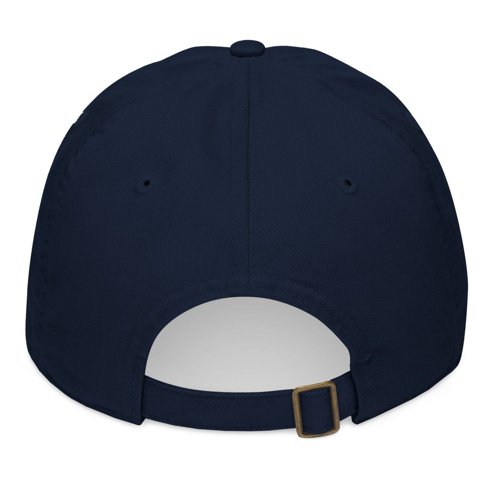 Navy blue baseball cap with a white interior and gold buckle on a white background