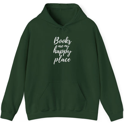 Green hoodie with 'Books are my happy place' text on a white background