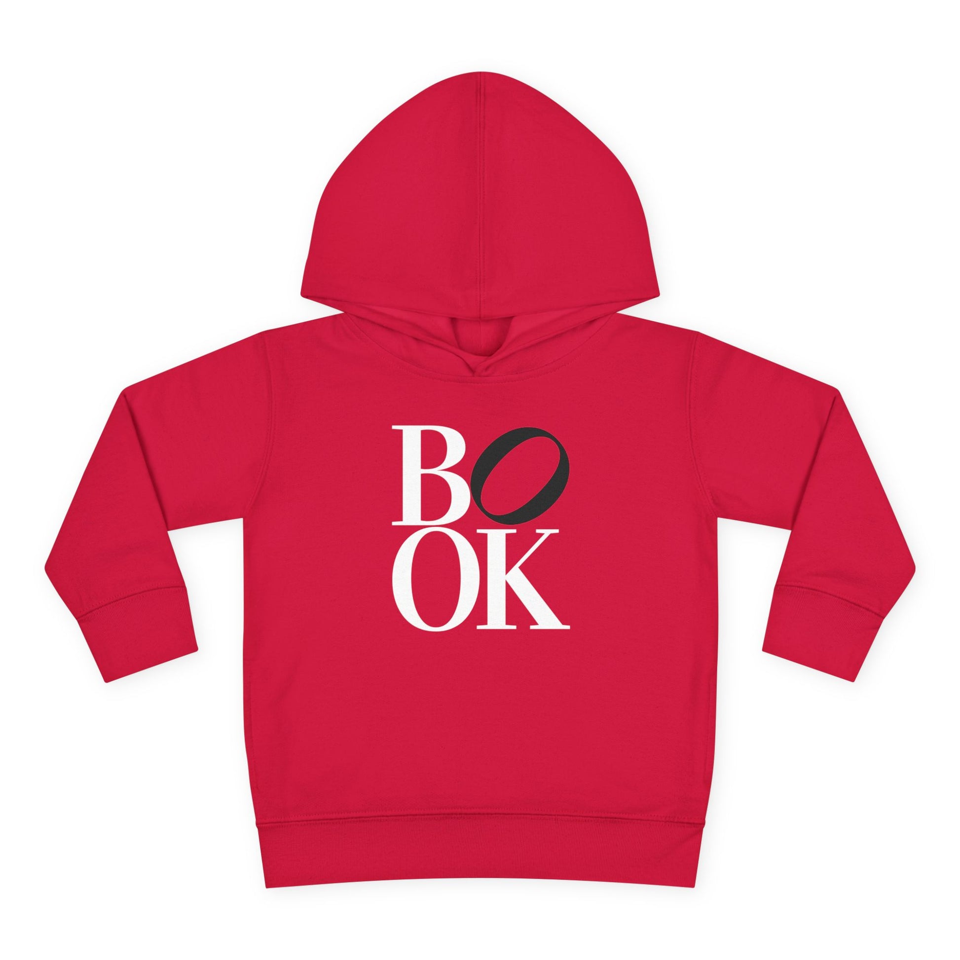 Red hoodie with 'BOOK' printed on it against a white background