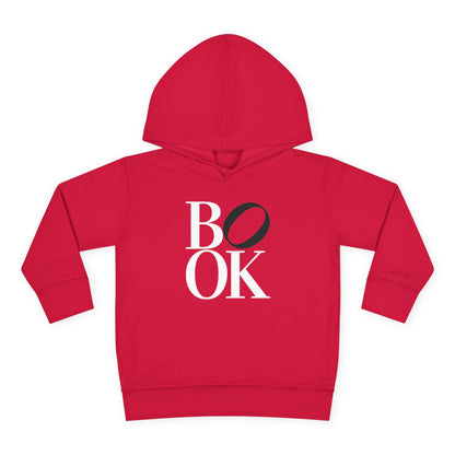 Red hoodie with 'BOOK' printed on it against a white background