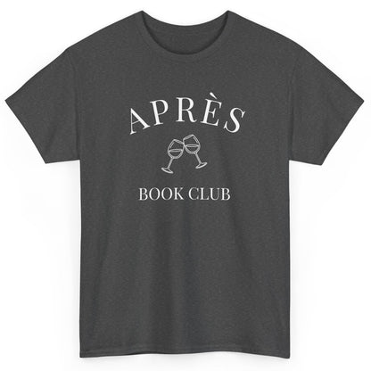 Dark gray t-shirt with 'APRÈS BOOK CLUB' text and wine glass graphic on a white background