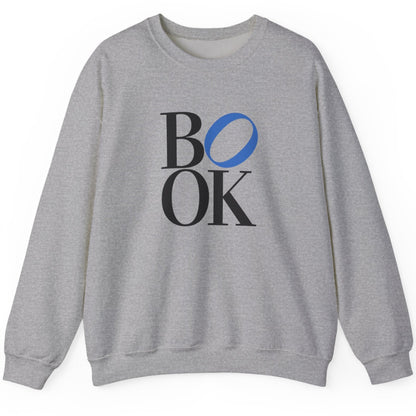 Gray sweatshirt with 'BOOK' text on a white background