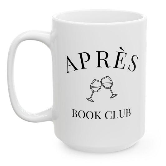 White mug with 'APRÈS BOOK CLUB' text and wine glass illustrations on a white background