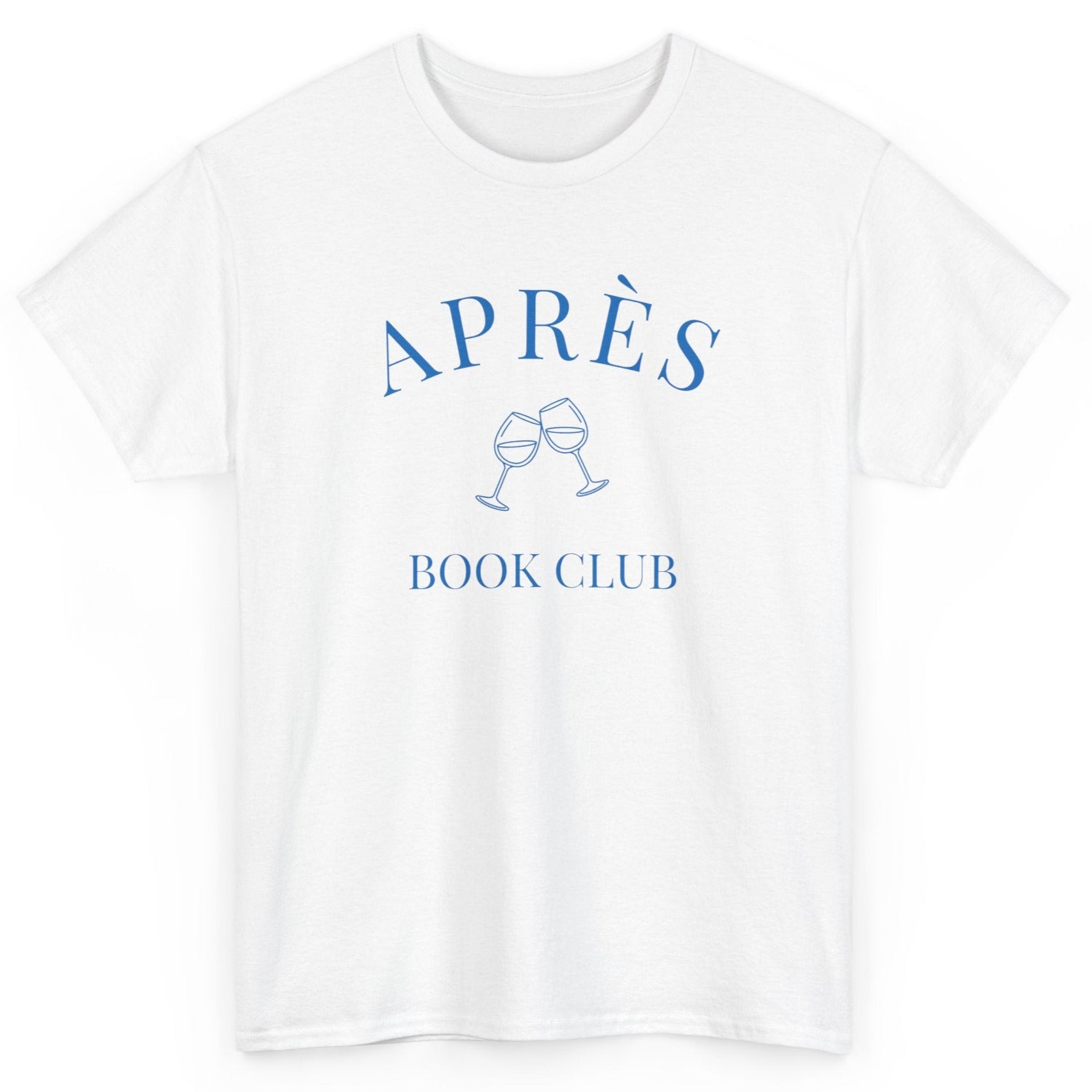 White t-shirt with blue 'APRÈS BOOK CLUB' text and graphics on a white background