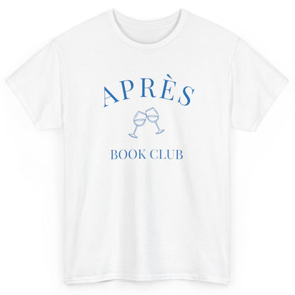 White t-shirt with blue 'APRÈS BOOK CLUB' text and graphics on a white background