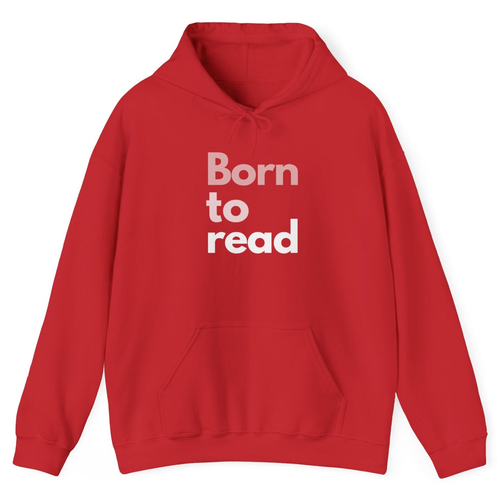 Red hoodie with 'Born to read' text on a white background