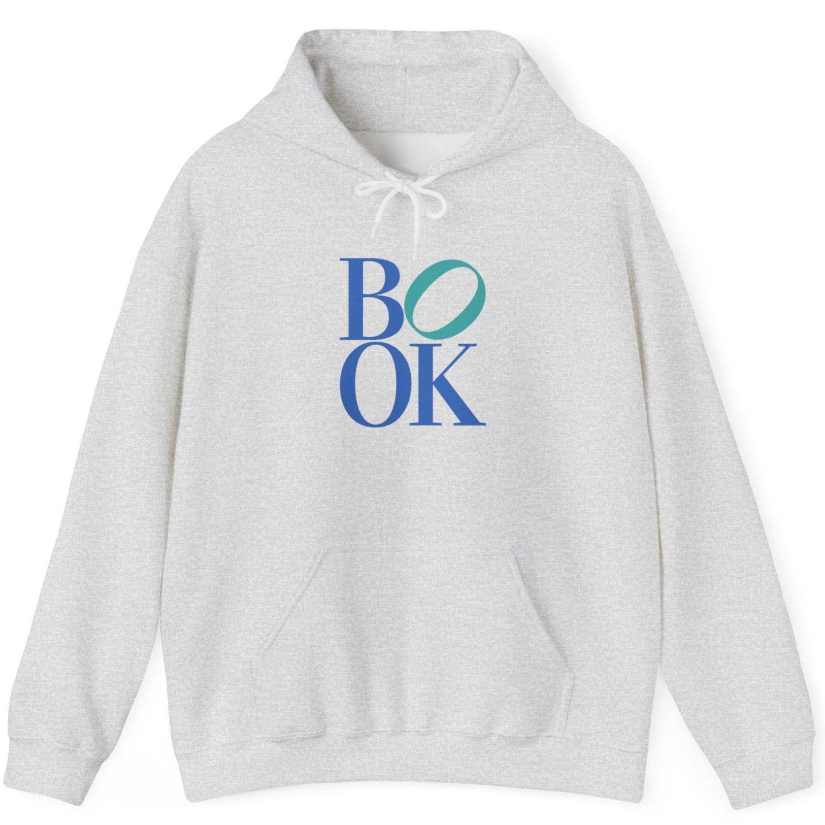 Gray hoodie with 'BOOK' text in blue and green on a white background
