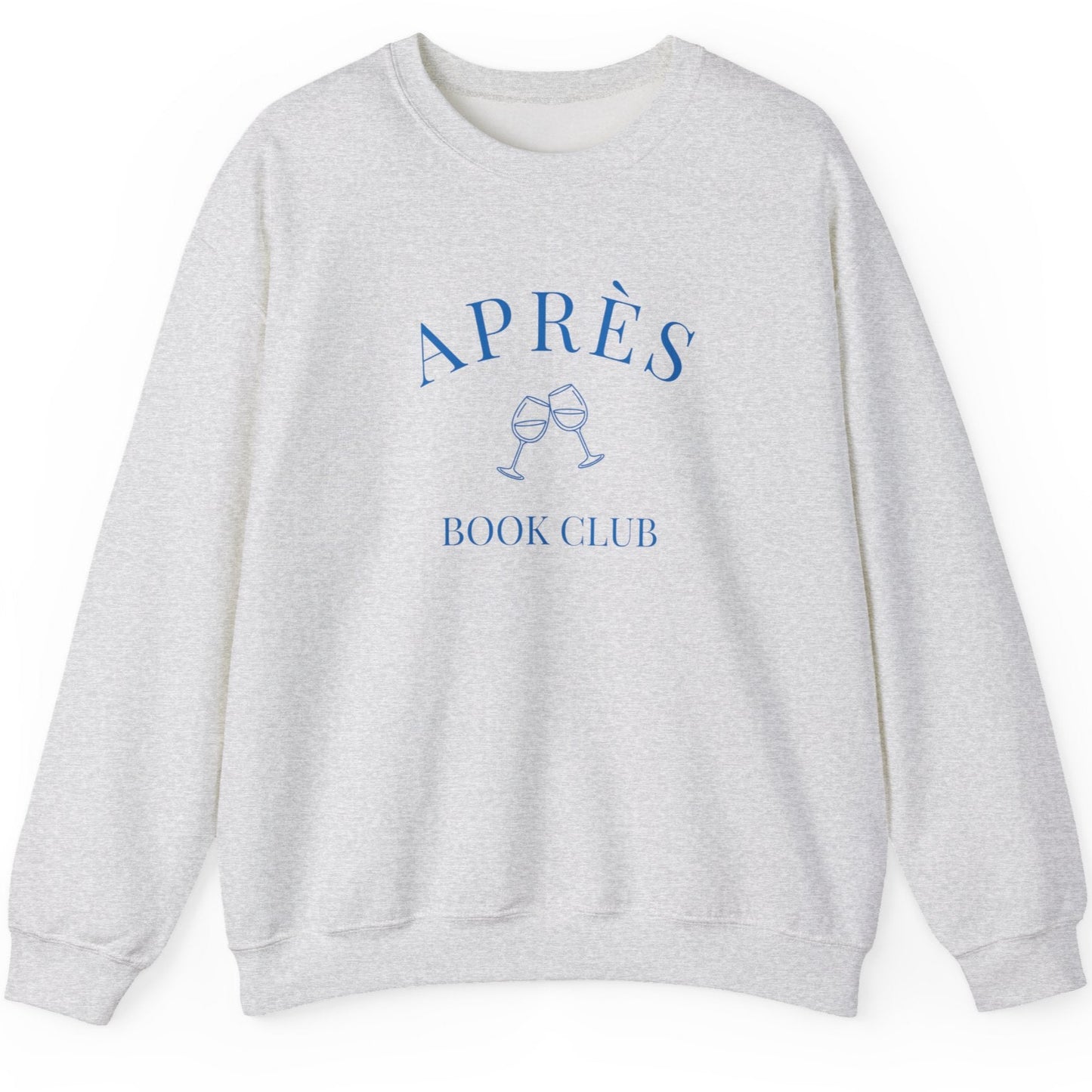 Gray sweatshirt with 'APRèS BOOK CLUB' text on a white background