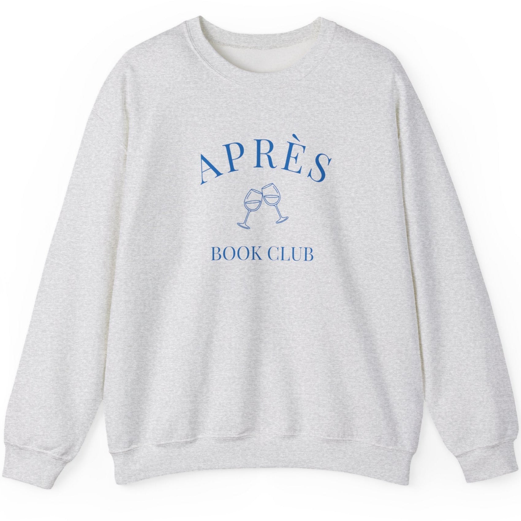 Gray sweatshirt with 'APRèS BOOK CLUB' text on a white background