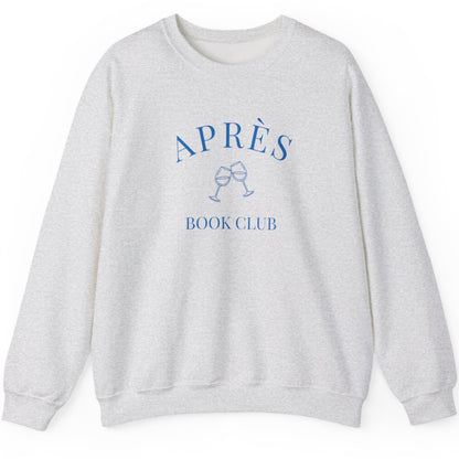 Gray sweatshirt with 'APRèS BOOK CLUB' text on a white background