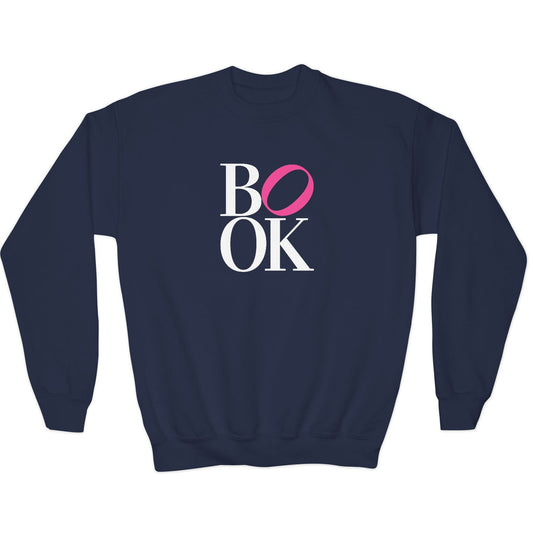 Navy blue sweatshirt with 'BOOK' printed on the back