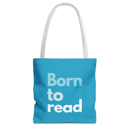 Blue tote bag with 'Born to read' text on a white background