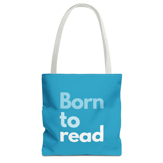 Blue tote bag with 'Born to read' text on a white background