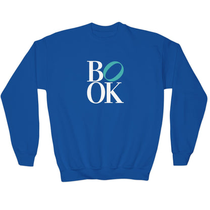 Blue sweatshirt with 'BOOK' text on a white background