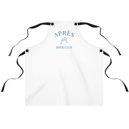 White apron with 'APRèS BOOK CLUB' text and logo on a white background