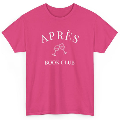 Pink t-shirt with 'APRÈS BOOK CLUB' text and graphics on a white background