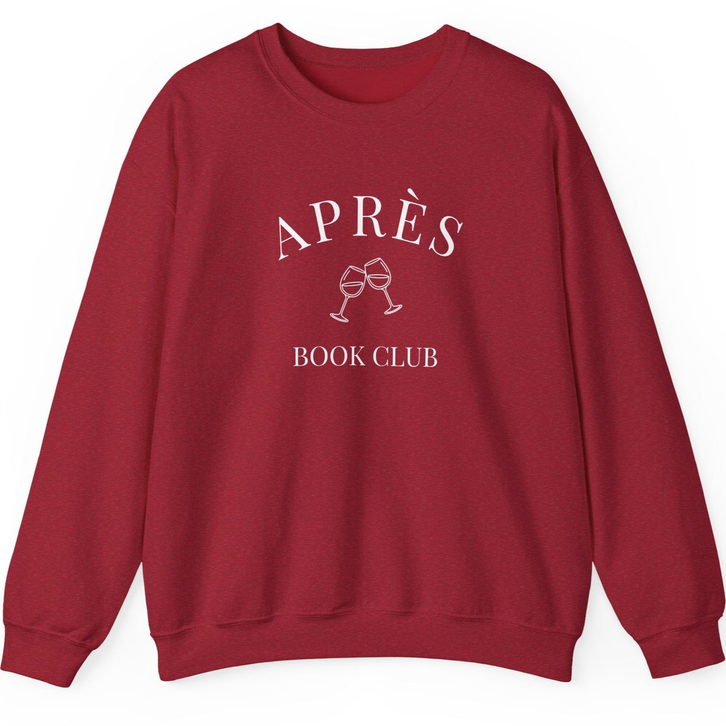 Red sweatshirt with 'APRèS BOOK CLUB' text and design on a white background