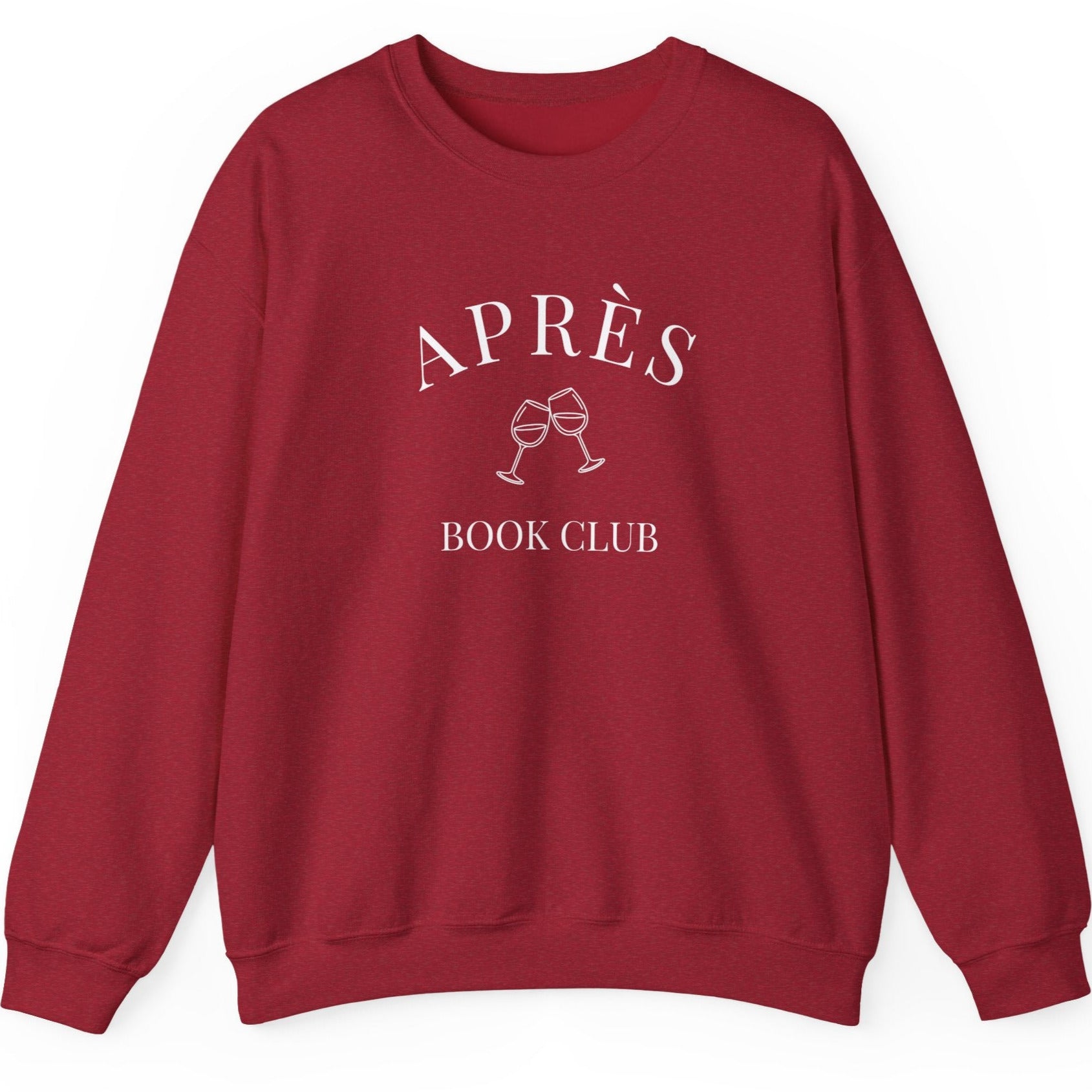 Red sweatshirt with 'APRèS BOOK CLUB' text and design on a white background